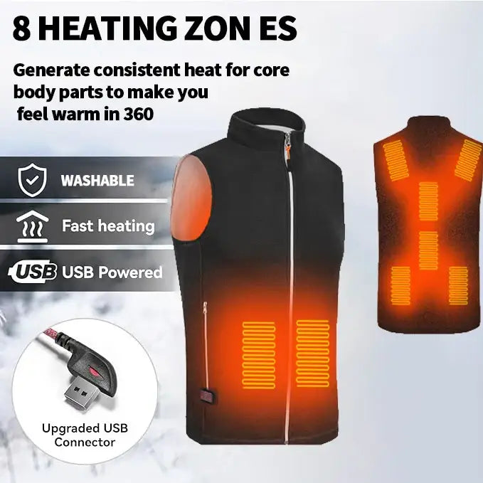 Heated vest with 8 warming zones and USB power connection.