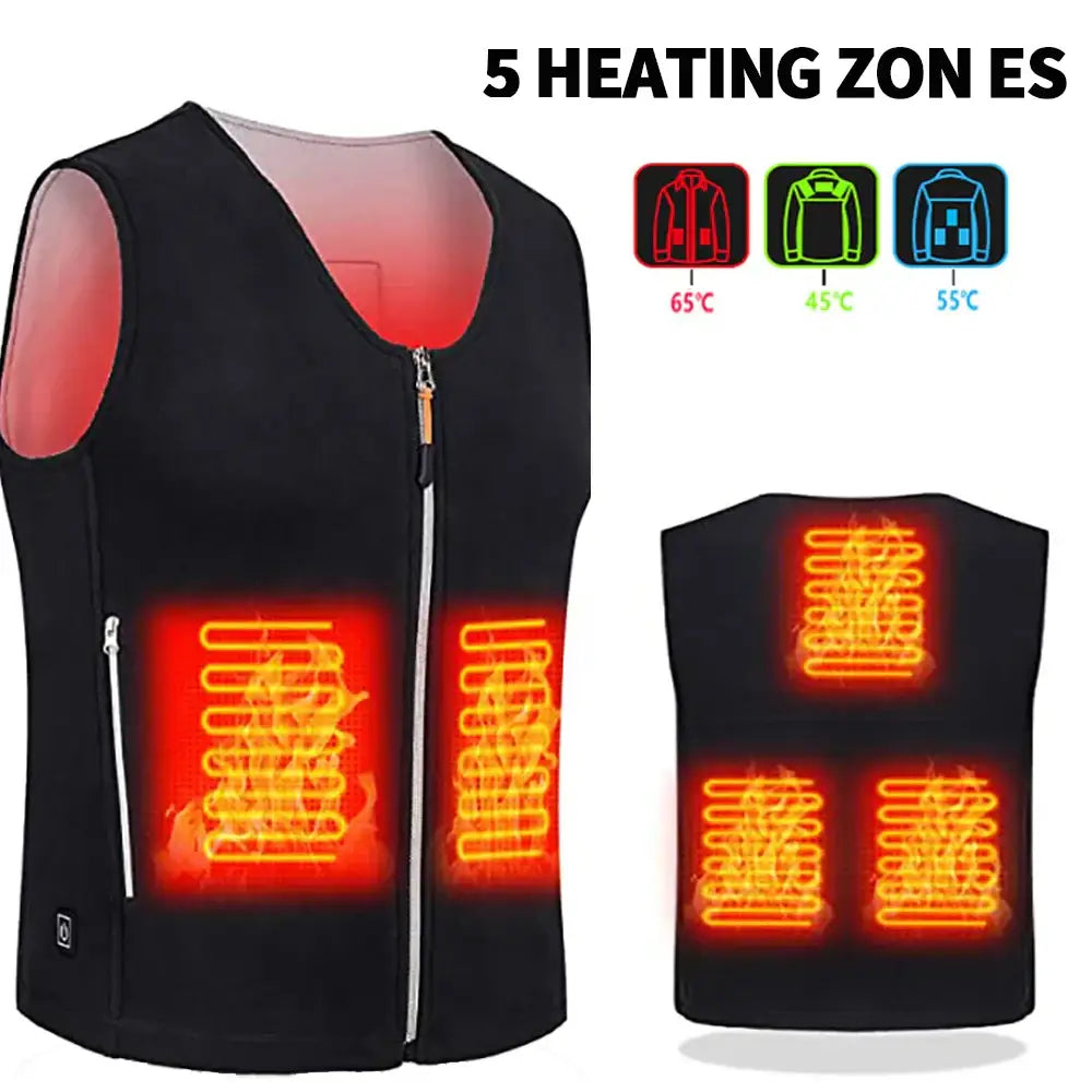 Heated vest with five warming zones displayed through glowing orange elements.