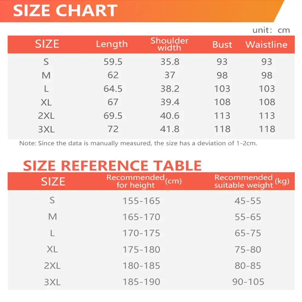 Size chart and reference table for clothing measurements.