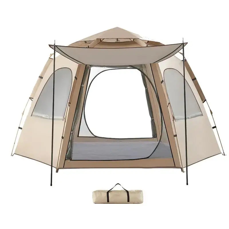 Hexagonal camping tent with mesh windows and a beige canopy.