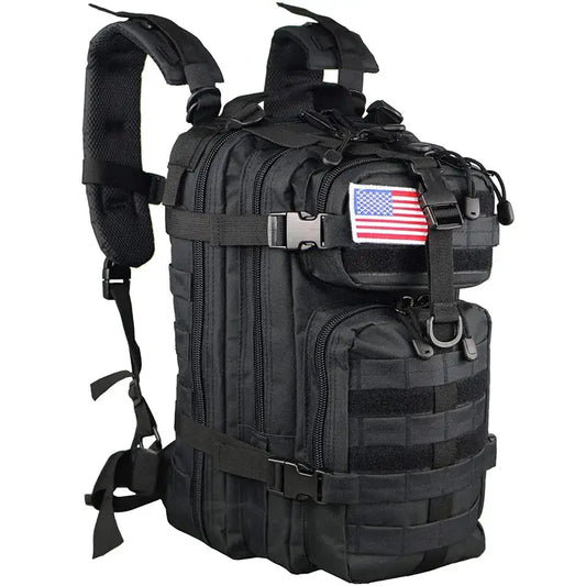 Black tactical backpack with an American flag patch.