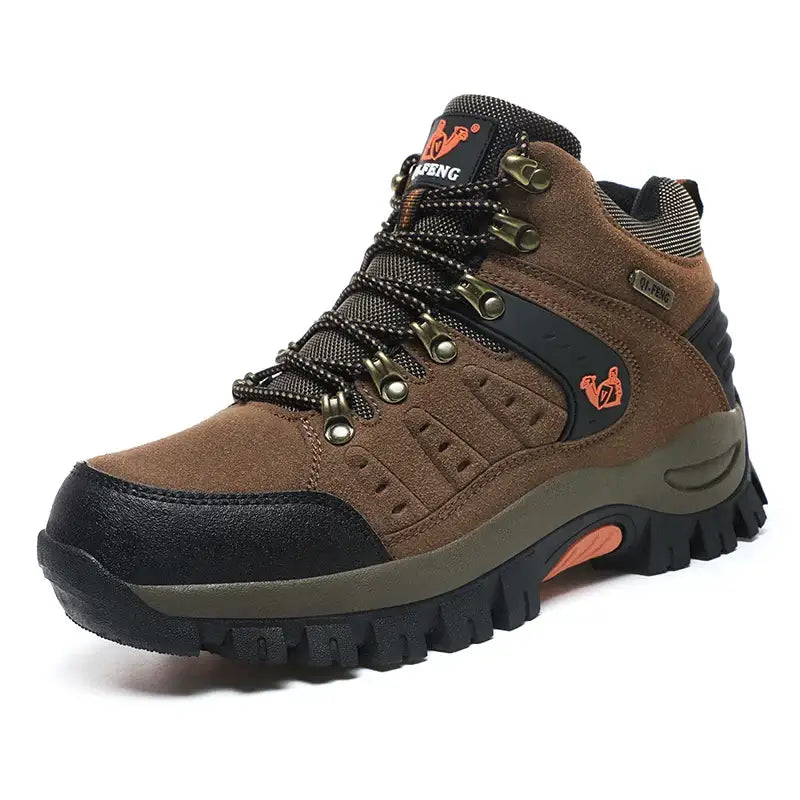 Rugged brown hiking boot with black and orange accents.