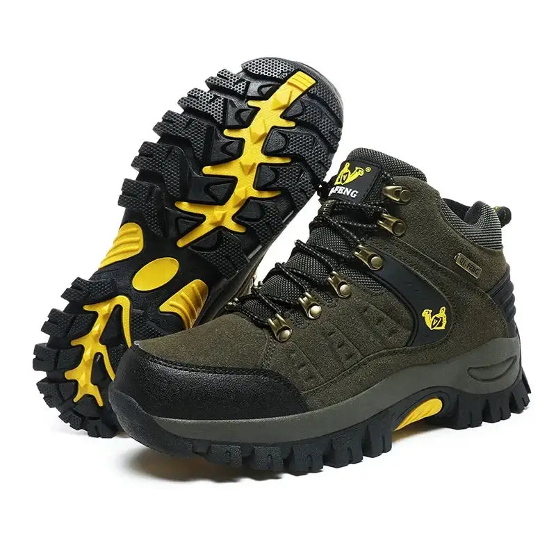 Rugged hiking boot with olive green upper and yellow accents on the sole.