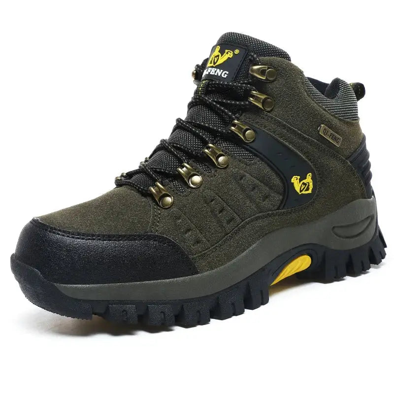 Rugged hiking boot with olive green upper and yellow accents.