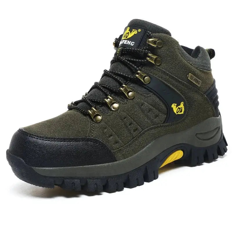 Rugged hiking boot with olive green upper and black rubber sole.