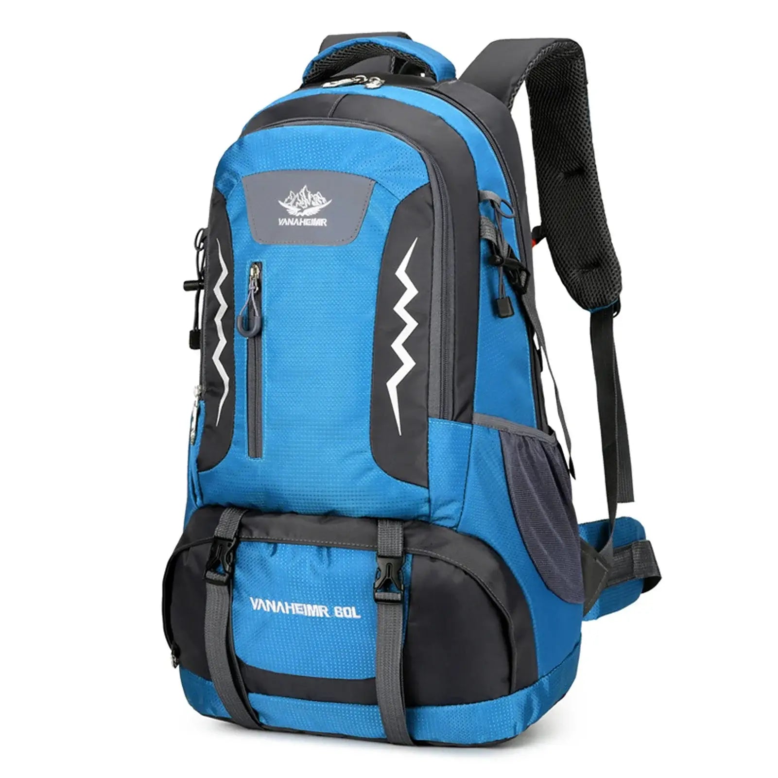 Blue and gray hiking backpack with multiple compartments and straps.