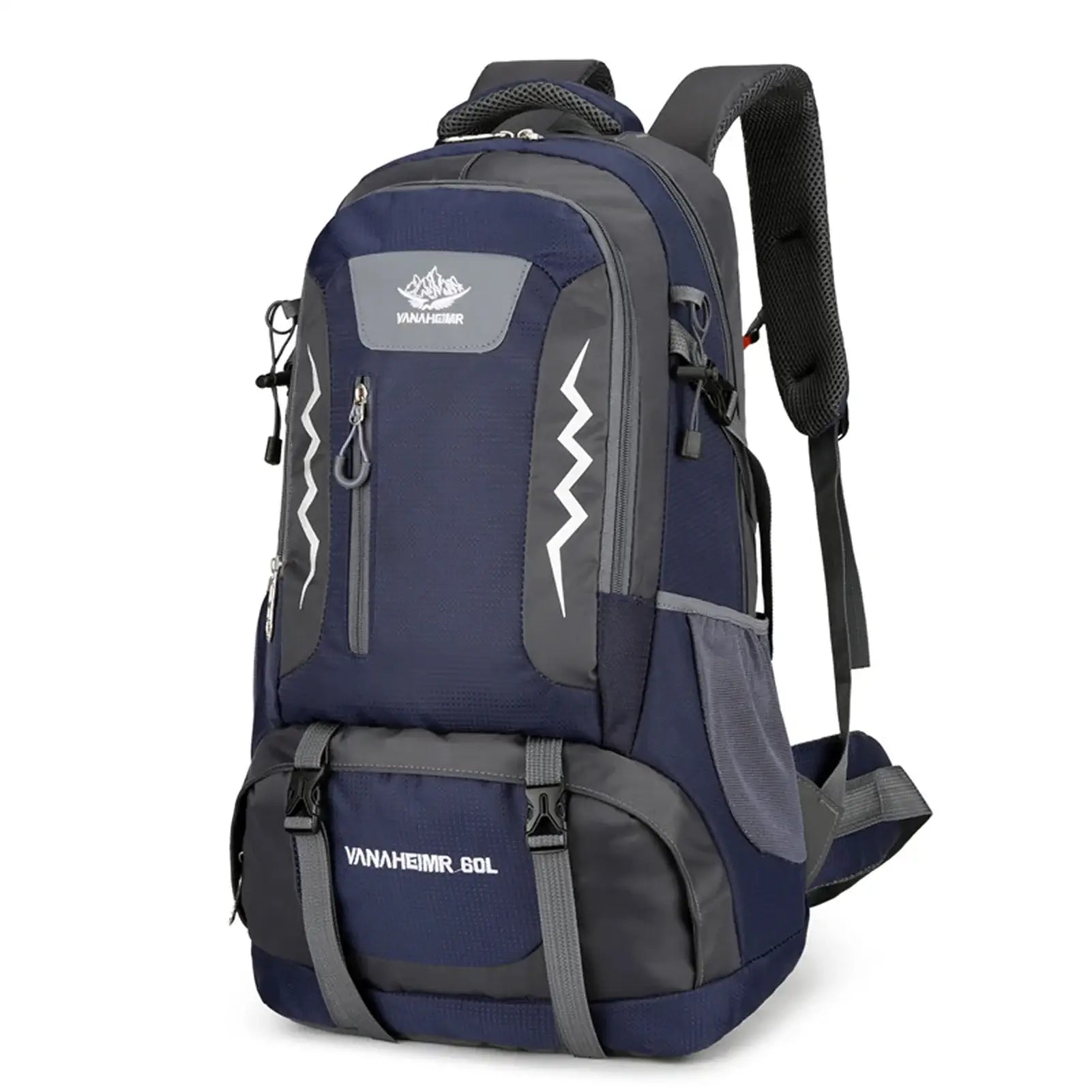 Navy blue and gray hiking backpack with multiple compartments and straps.