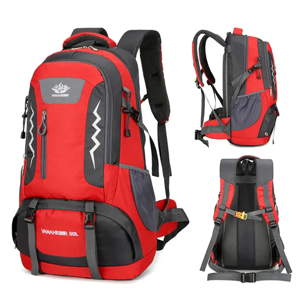 Red and gray hiking backpack with multiple compartments and straps.