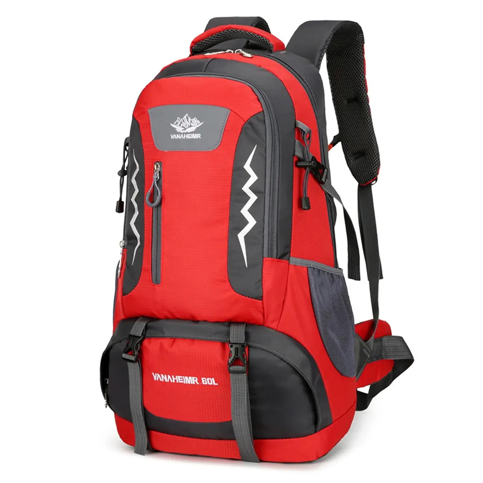 Red and gray hiking backpack with multiple compartments and straps.