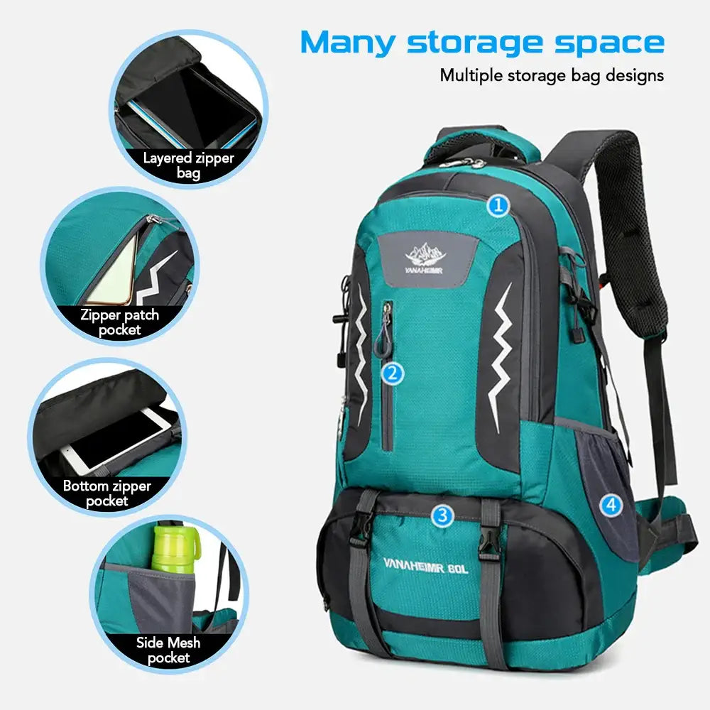 Teal and gray hiking backpack with multiple storage compartments and pockets.