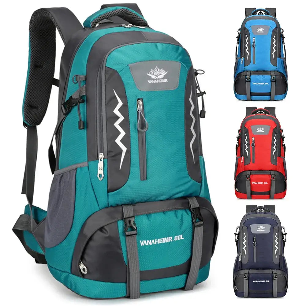 Teal and gray hiking backpack with multiple compartments and straps.