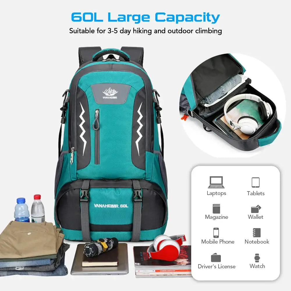 Teal and gray hiking backpack with multiple compartments and straps.