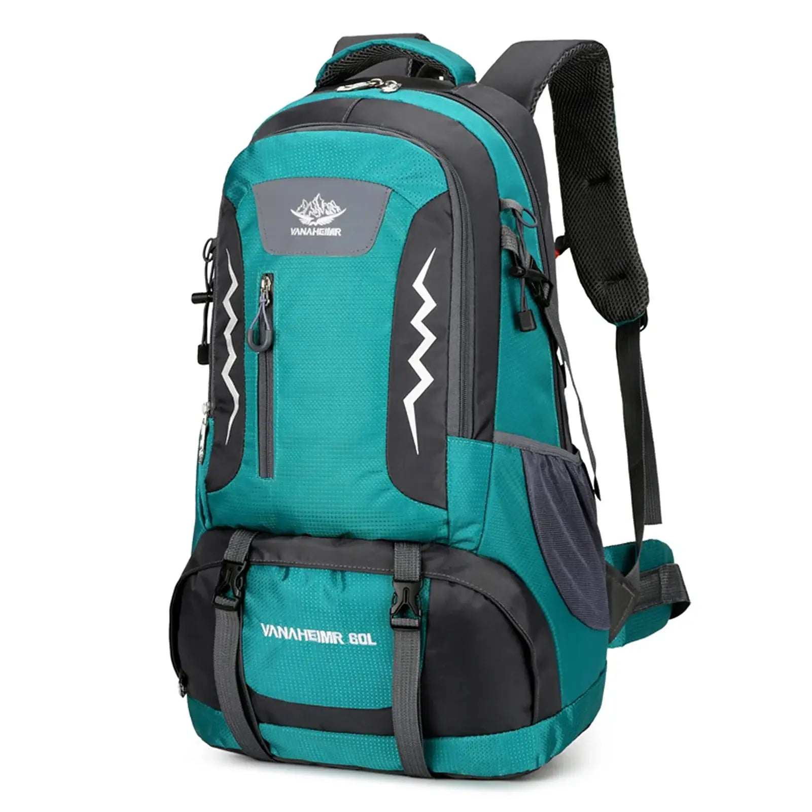 Teal and gray hiking backpack with multiple compartments and straps.