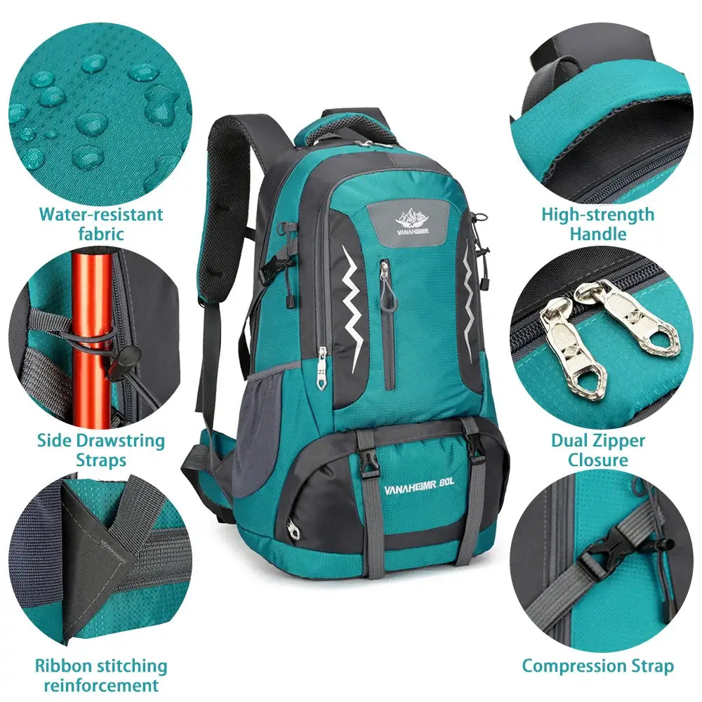 Teal and gray hiking backpack with multiple features highlighted.