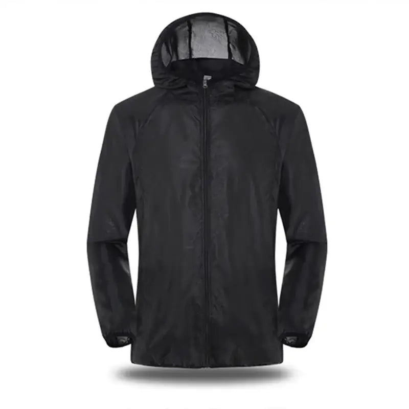 Black hooded windbreaker jacket with a full-length zipper.