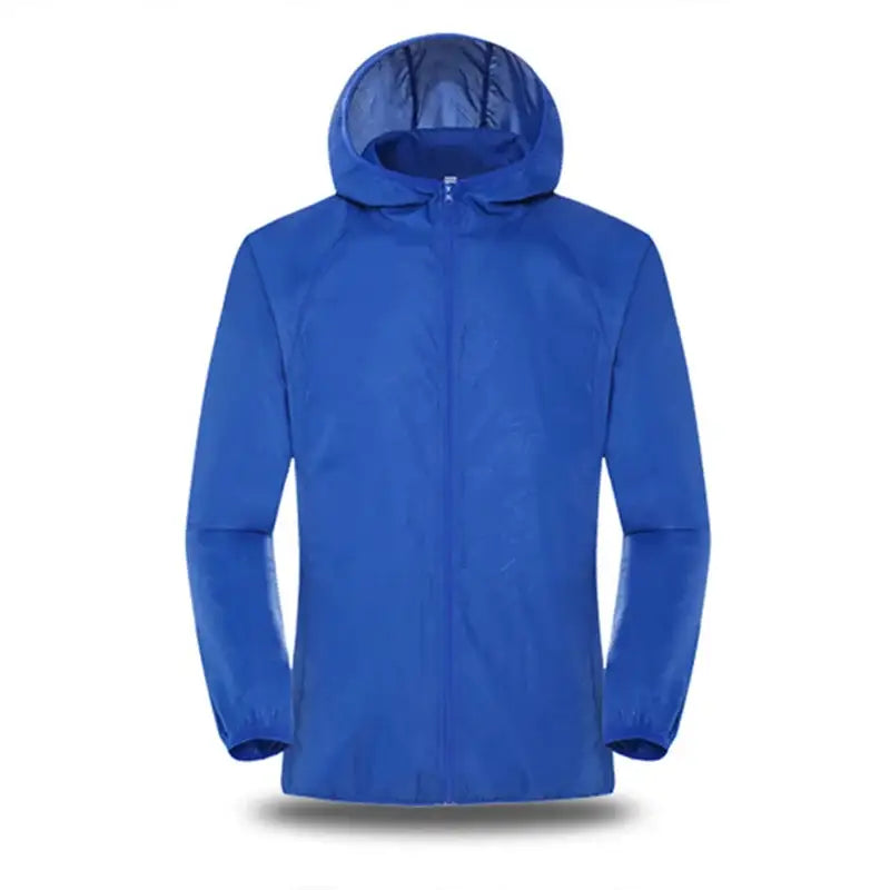 Bright blue hooded windbreaker jacket with a full-length zipper.