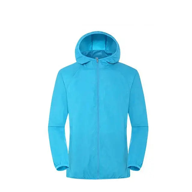 Bright blue hooded jacket with a full-length zipper.