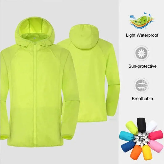 Bright neon green hooded jacket with zipper closure.