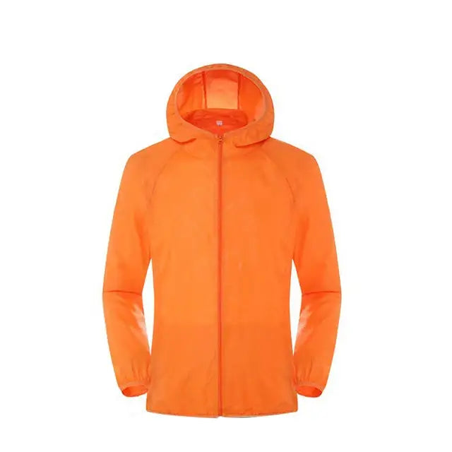 Bright orange hooded windbreaker jacket with a full-length zipper.