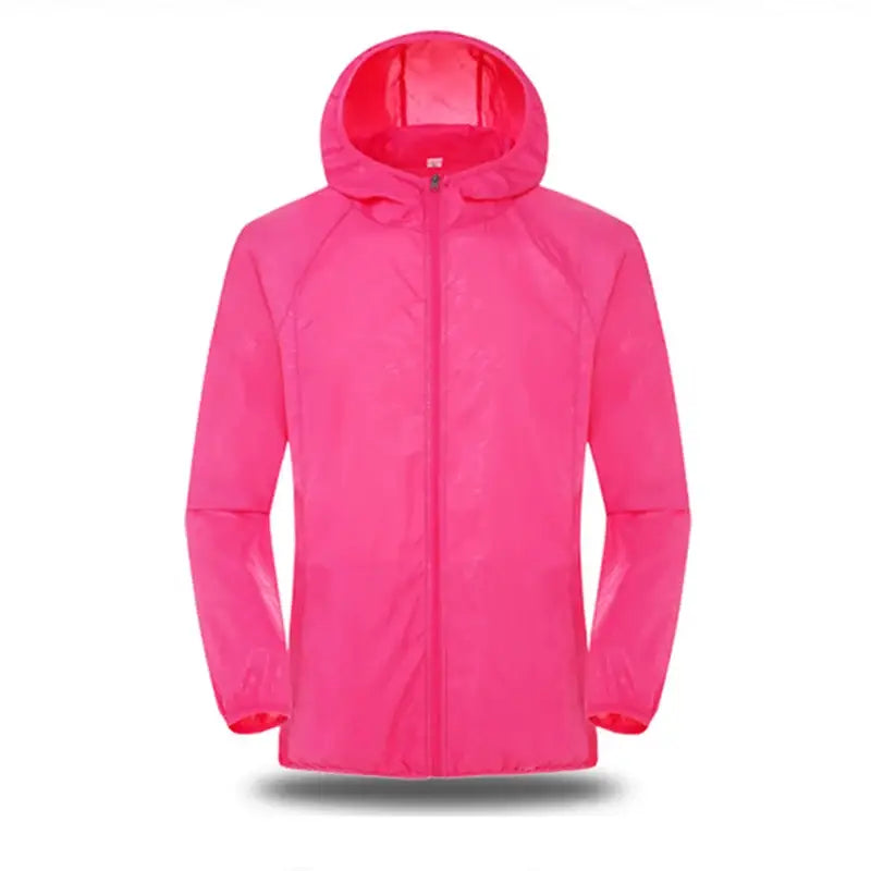 Bright pink hooded windbreaker jacket with a full-length zipper.