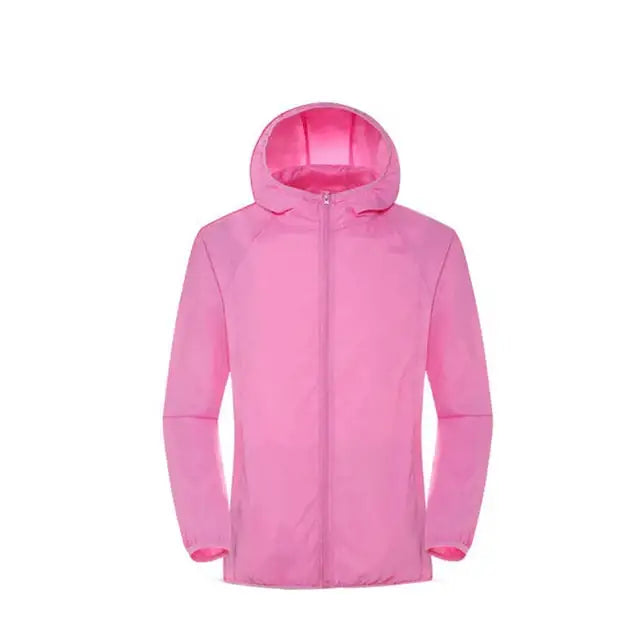 Pink hooded windbreaker jacket with a full-length zipper.