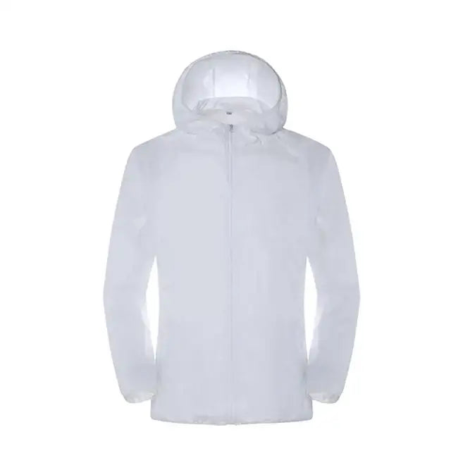 White hooded jacket with a full-length zipper.