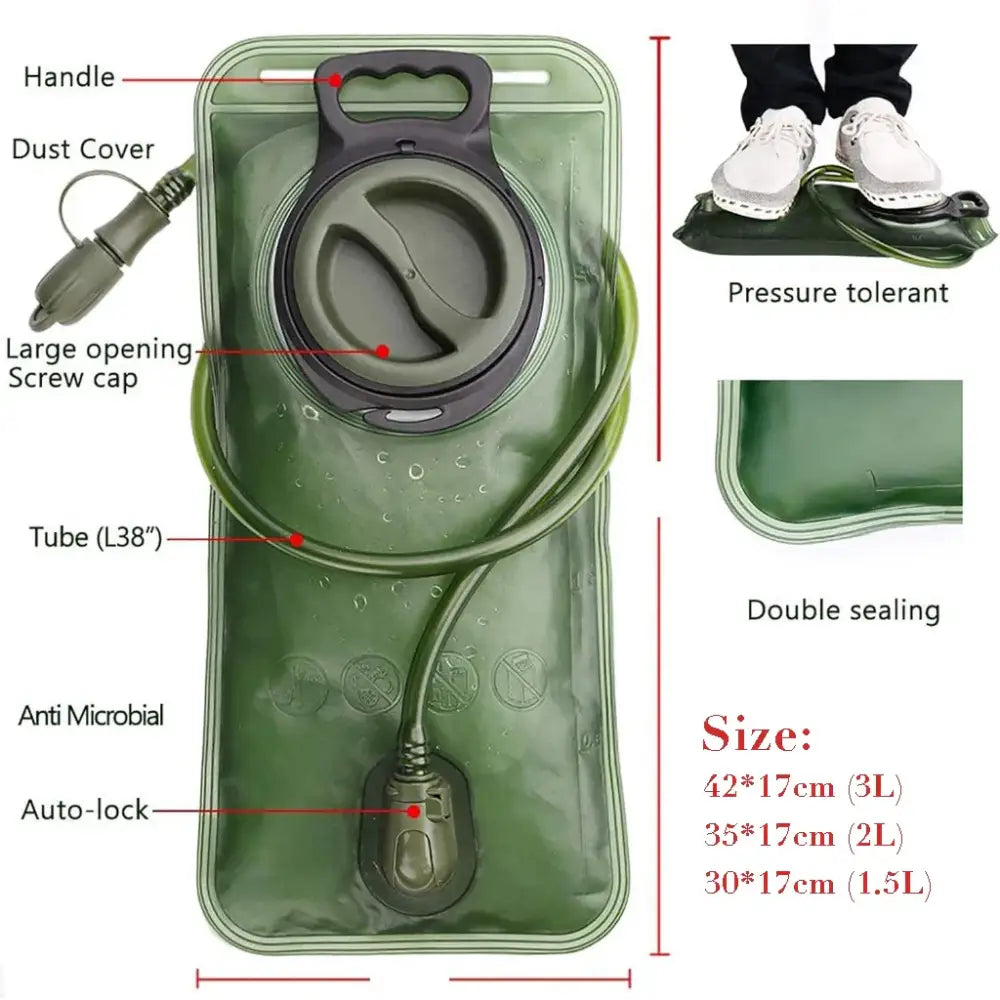 Military-style hydration bladder with labeled features and size specifications.