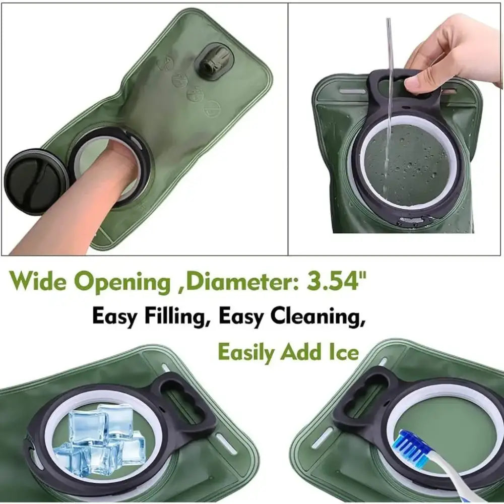 Military-style hydration bladder with a wide opening for easy filling, cleaning, and adding ice.