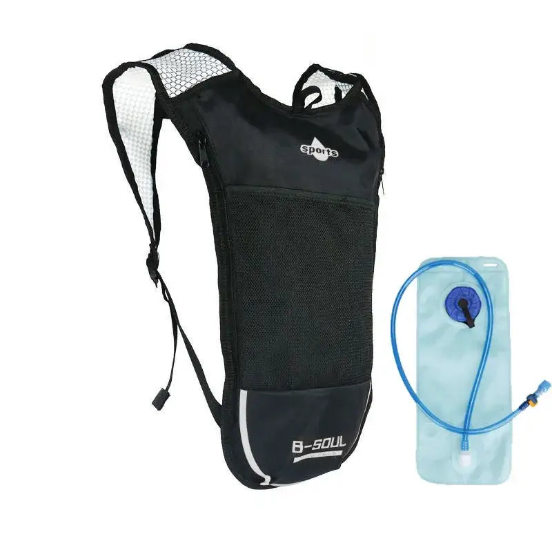 Black hydration backpack with attached water reservoir.