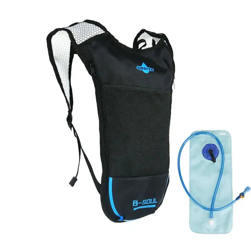 Black hydration backpack with blue accents and a separate water reservoir.