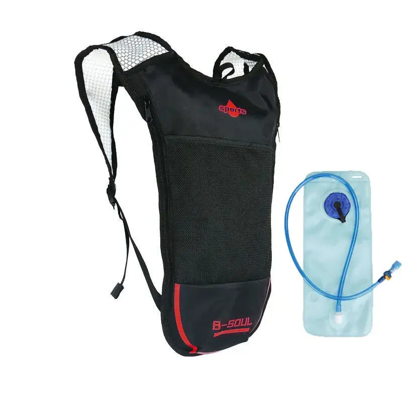 Black hydration backpack with red accents and a separate water reservoir.