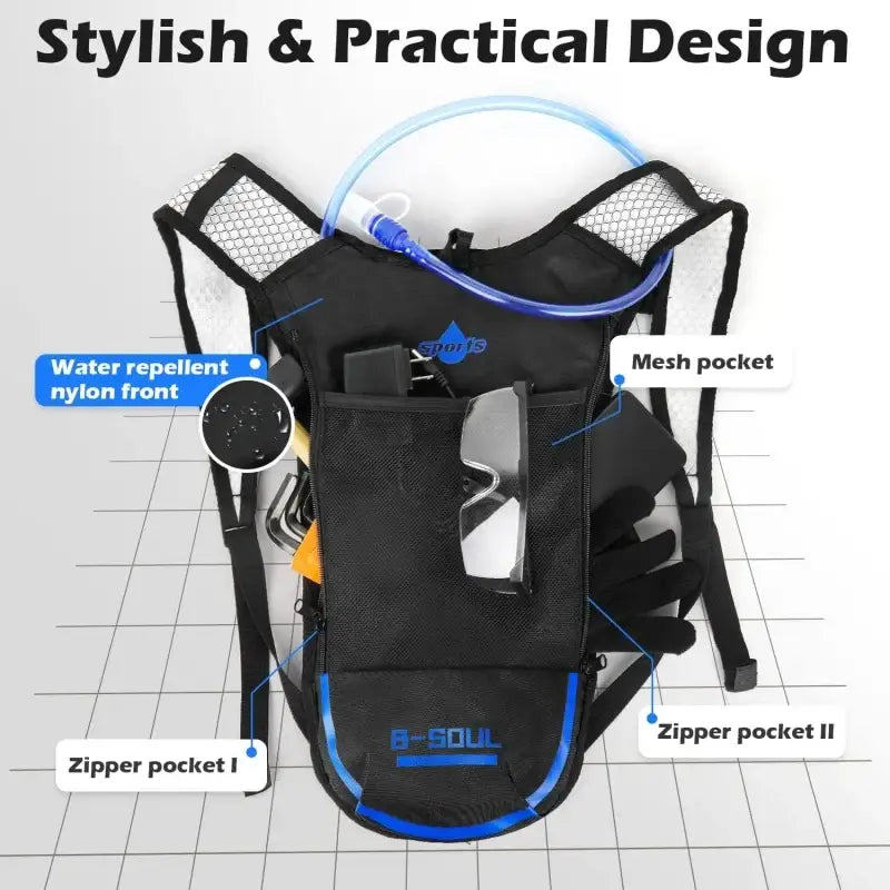 Sleek black hydration backpack with multiple pockets and a water-resistant design.