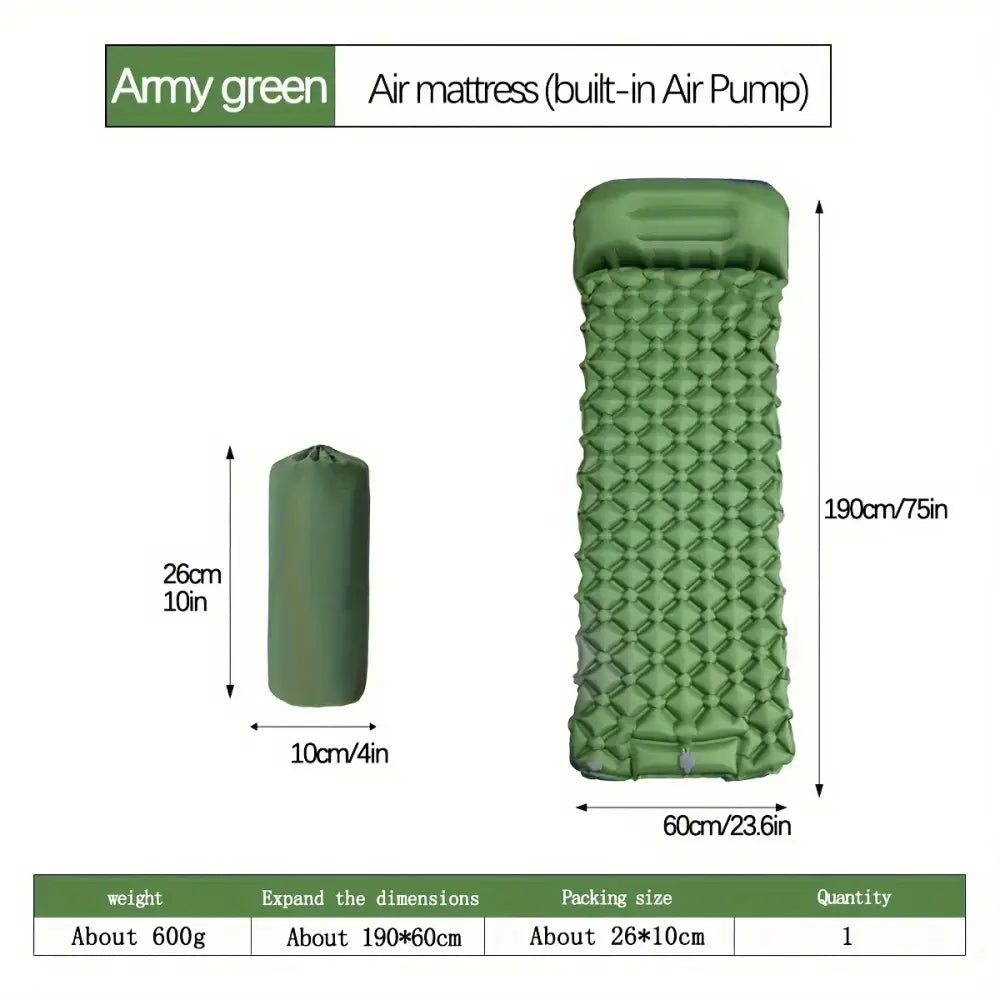 Inflatable camping air mattress with built-in pump in army green color.