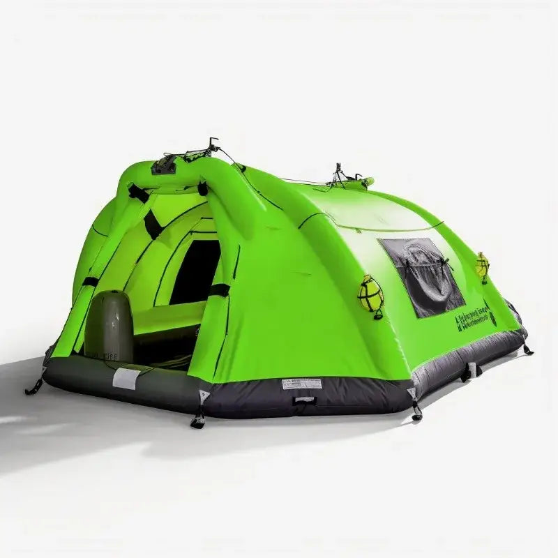 Bright green camping tent with a rounded dome shape and small window.