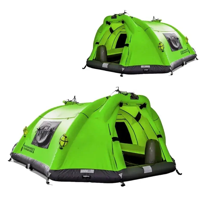 Bright green camping tent with a dome shape and small windows.