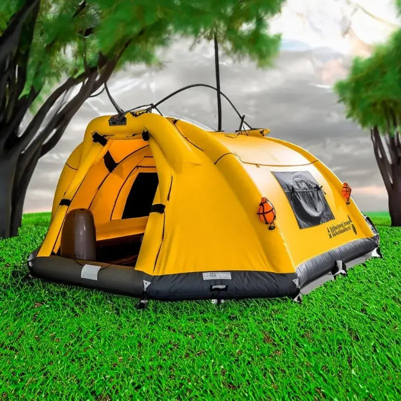 Bright yellow camping tent with a window and black base on grass.