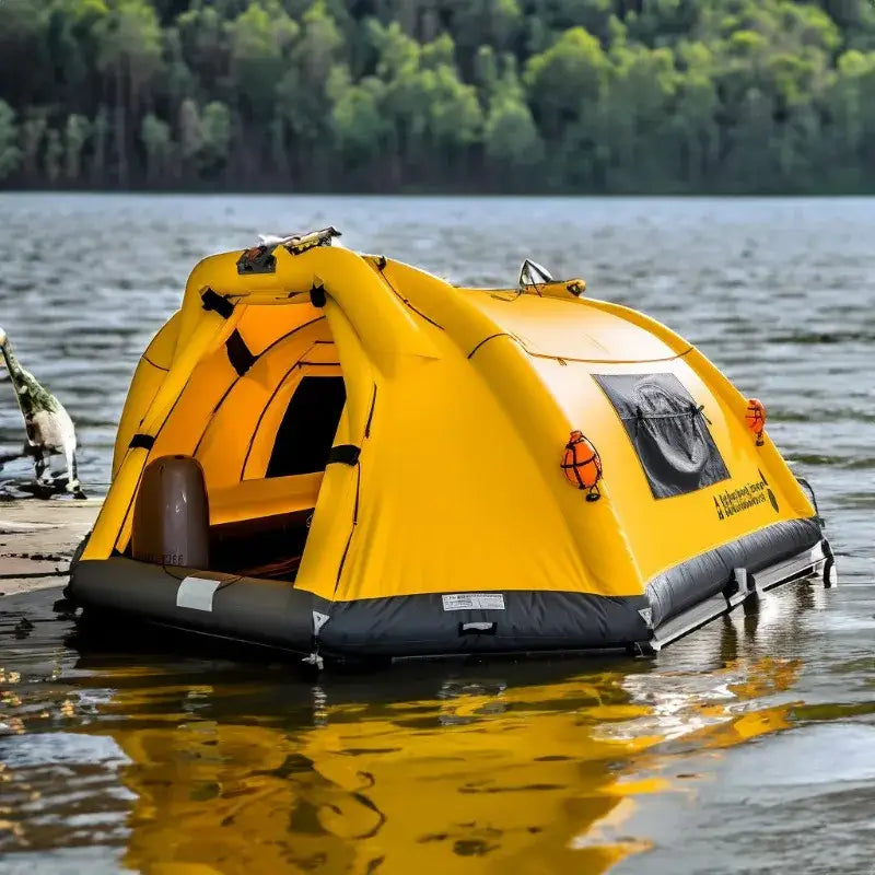 Bright yellow inflatable survival raft floating on water.