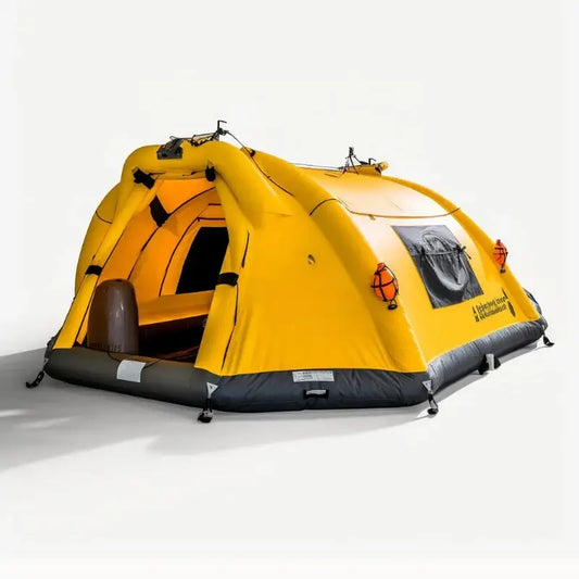 Yellow inflatable camping tent with a window and black base.