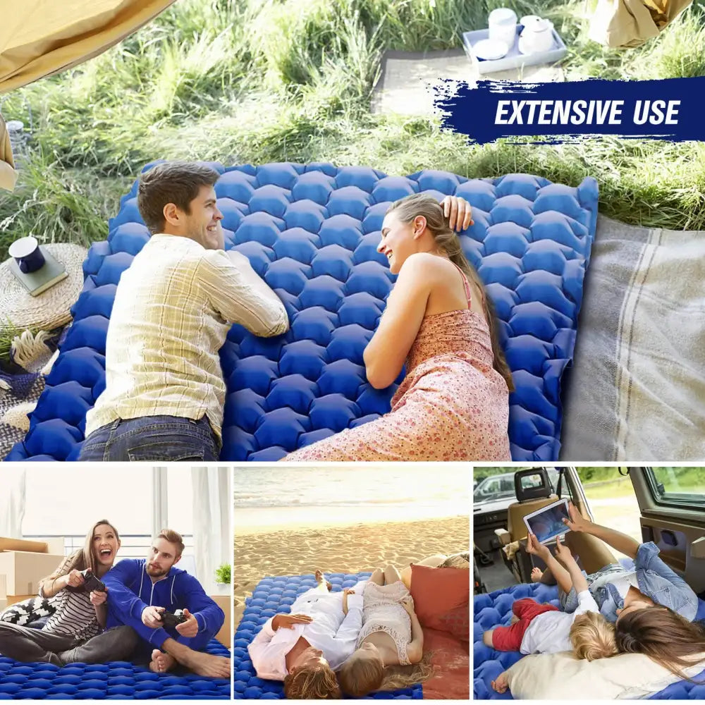 Inflatable blue camping mattress or sleeping pad with a textured surface.