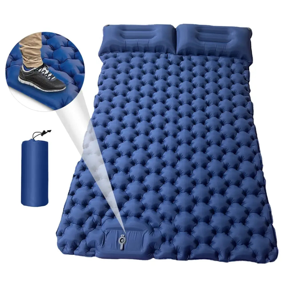 Inflatable blue camping sleeping pad with attached pillows and a foot pump.