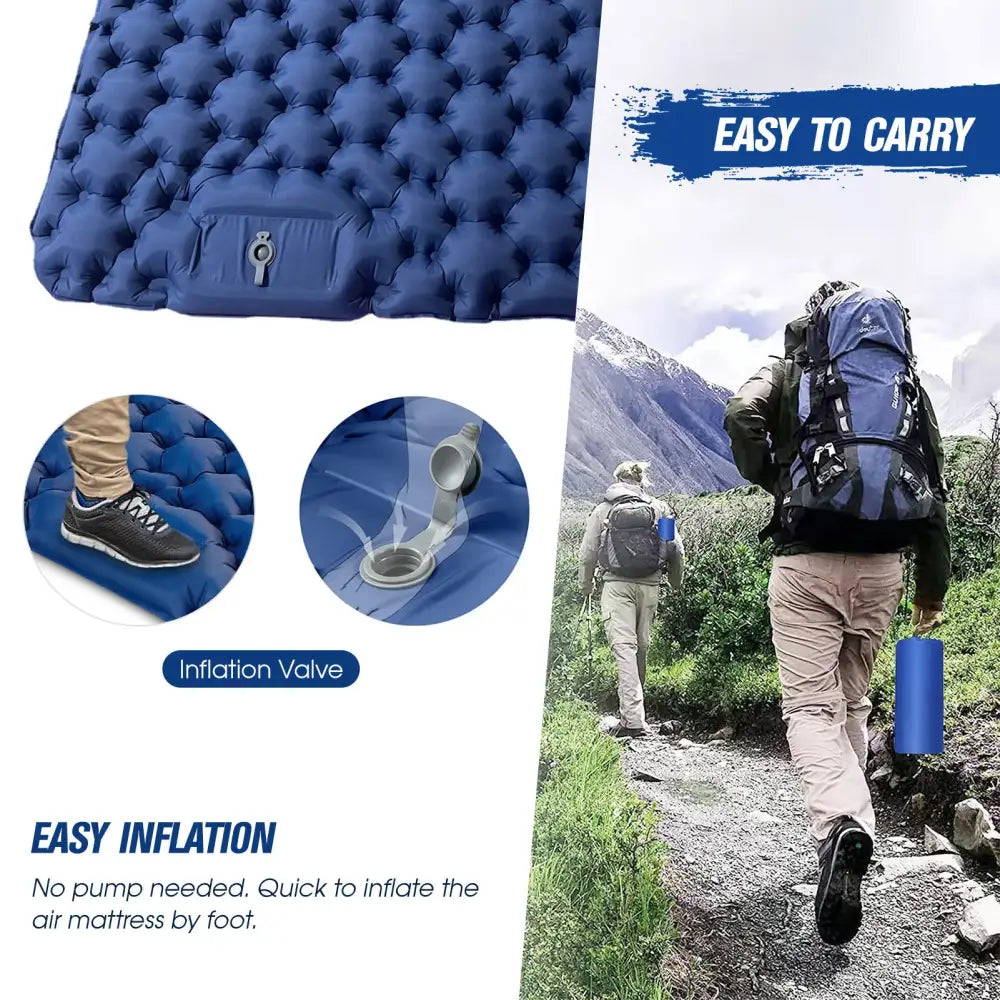 Inflatable blue camping air mattress with textured surface and built-in foot pump.