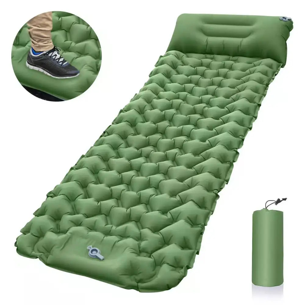 Inflatable green camping sleeping pad with attached pillow.