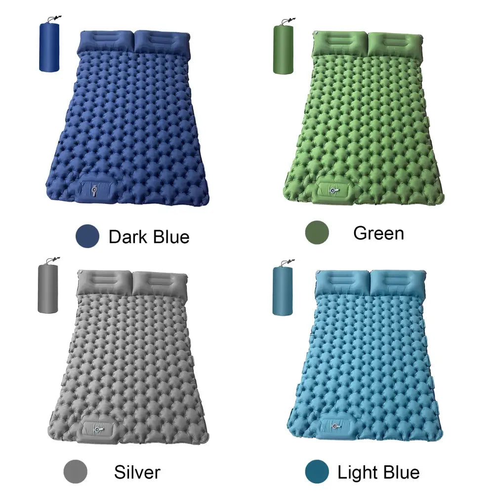 Inflatable camping sleeping pads in four different colors with attached pillows and matching water bottles.