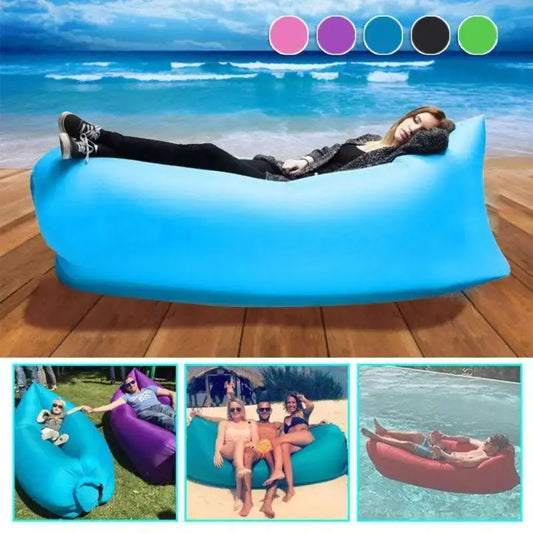 Inflatable lounger or air sofa in bright blue color.