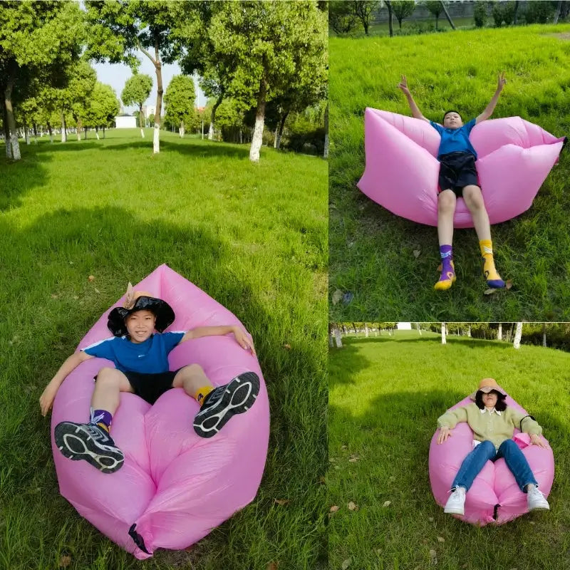 Pink inflatable lounger or air sofa in various positions on grass.