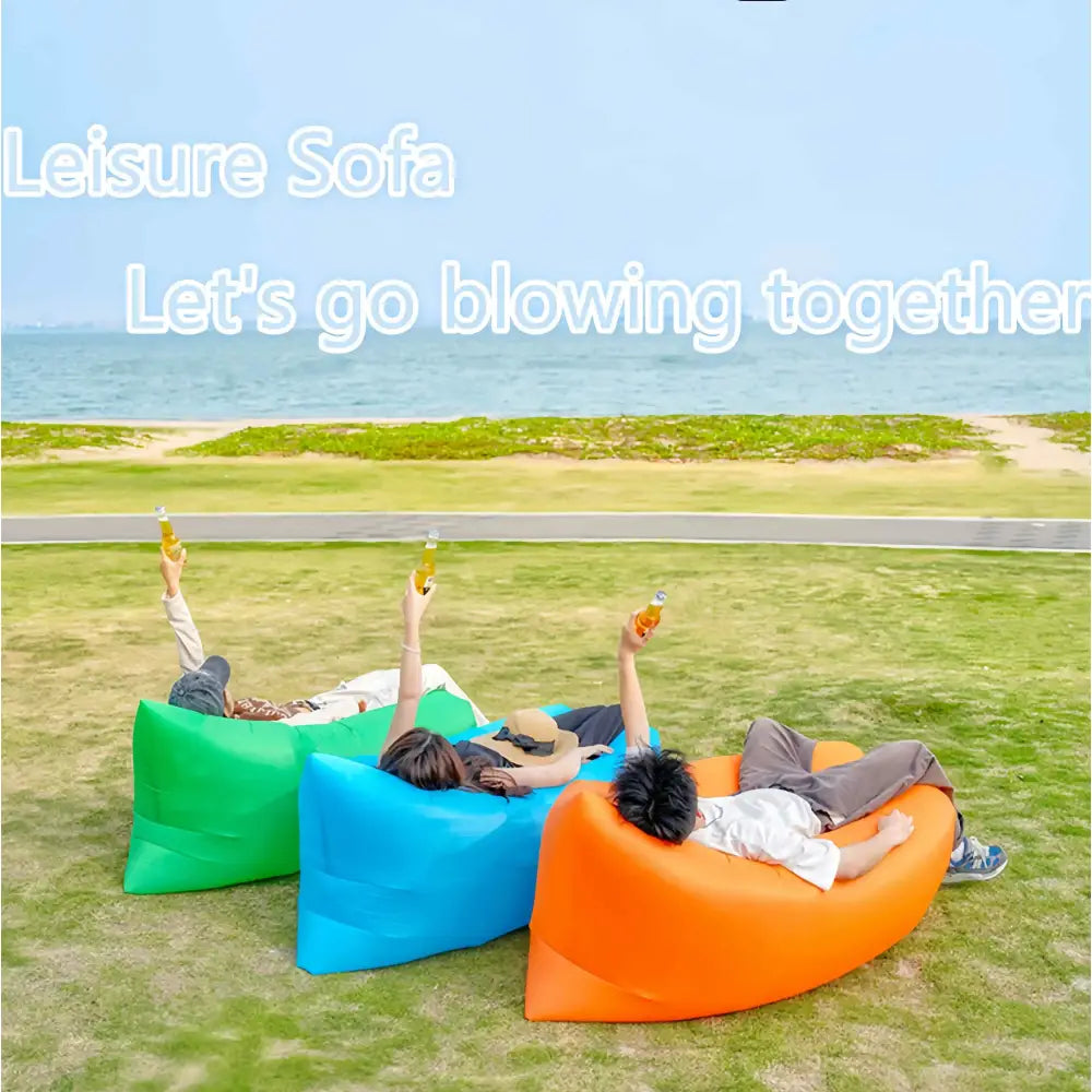 Inflatable loungers or air sofas in bright green, blue, and orange colors.