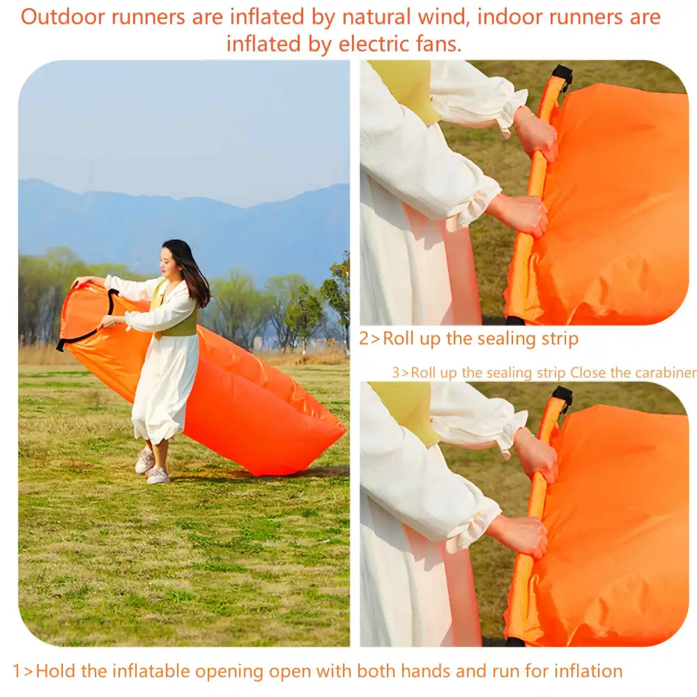 Inflatable outdoor lounger or air sofa being filled with wind.