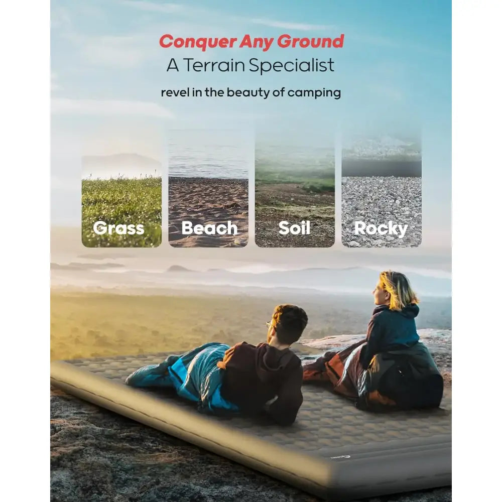 Advertisement for a camping terrain specialist product featuring different ground types and campers relaxing outdoors.