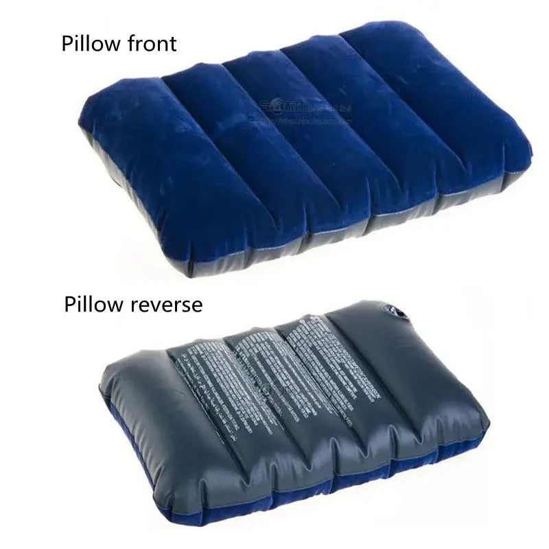 Inflatable travel pillow with a blue velvet-like front and a dark gray reverse side containing text.