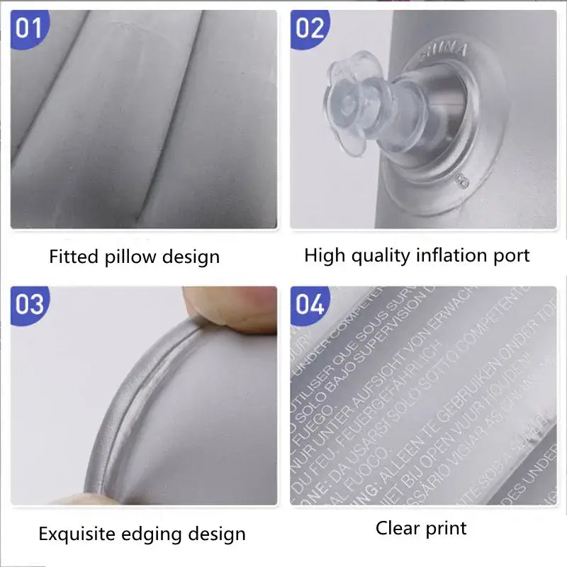 Inflatable pillow or cushion with various design features highlighted.